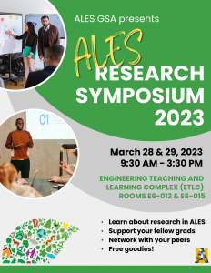 Poster reads ALES GSA presents ALES research symposium 2023
