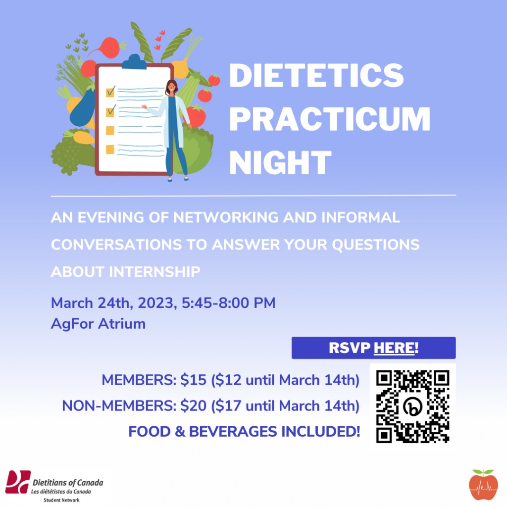Flyer reads dietetics practicum night: an evening of networking and informal conversations to answer your questions about internship